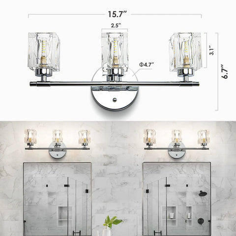 Three Light Crystal Vanity Bathroom Light Fixture, 16 Inch Chrome Over Mirror with mounted installation examples on marble wall