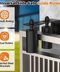 Sliding Gate Guide Rollers and Hardware Kit with Heavy Duty 4 Inch Adjustable Nylon Wheels, Black Installed on Gate