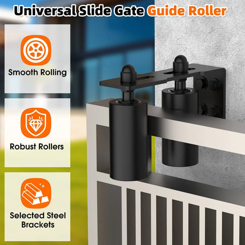 Sliding Gate Guide Rollers and Hardware Kit with Heavy Duty 4 Inch Adjustable Nylon Wheels, Black Installed on Gate
