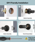DIY installation guide for Fingerprint Door Knob With Keypad And Biometric Unlock, Three In One Keyless Entry, tools not included.