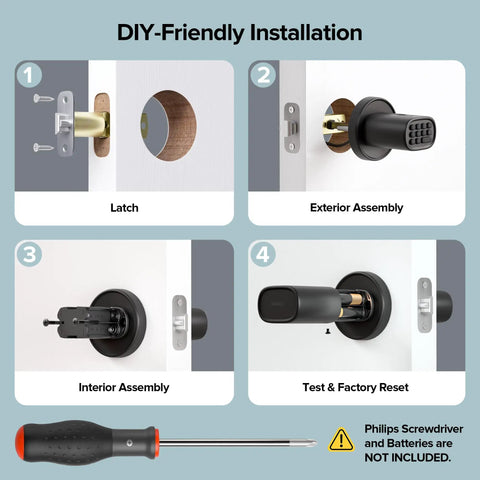 DIY installation guide for Fingerprint Door Knob With Keypad And Biometric Unlock, Three In One Keyless Entry, tools not included.