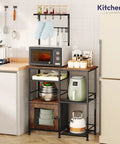 Espresso Coffee Bar Cabinet Organizer With Eight Hooks, Shelves And Door, Microwave Stand with kitchen appliances and decor.