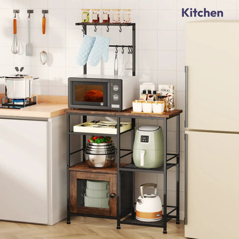 Espresso Coffee Bar Cabinet Organizer With Eight Hooks, Shelves And Door, Microwave Stand with kitchen appliances and decor.