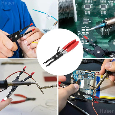 Car Soldering Pliers Multi-Function Wire Welding Clamp Pick-Up Aid Tool, ergonomic grip, used in auto repair and electronics soldering.