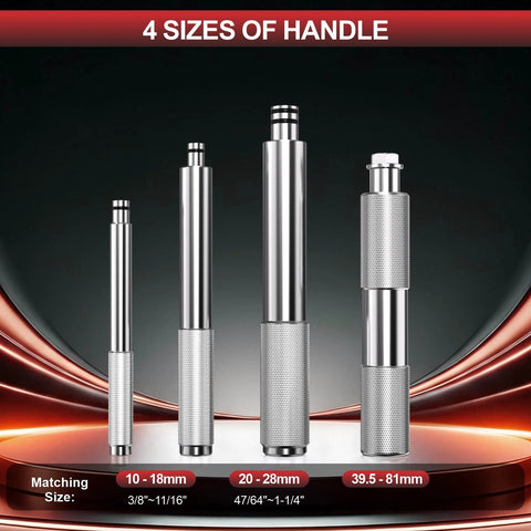 Four sizes of metal handles from 43 Piece Bearing Press Kit With Bearing Race And Seal Driver Set for seal installation and pressing.