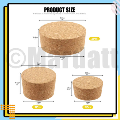 Nine Piece Cork Plugs Set In Three Tapered Sizes 28, 34, 48 Natural Soft Wood Bottle Stoppers For Wine Beer Glass Bottles And DIY