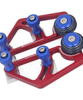 Close-up of Knock Out Clean Cuts With This Heavy Duty Aluminum Bearing Roller Feeder Jig For Table Saws And Band Saws Featuring Dual Precision Rollers.