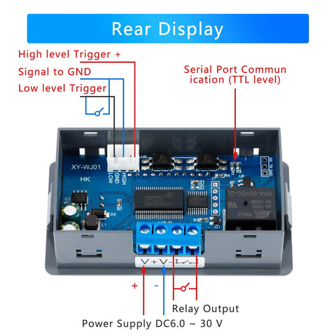 Delay Relay Timer Module DC 6 30V 12V 24V Digital Timer Plug And Play With Multiple Trigger Options 0.01s To 9999 Min Range 50mA Adjustable Period Switch For AC 220V Power On Off Controller With LCD Display And Button rear wiring view, PCB, relay output