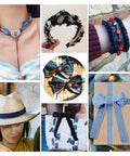 DIY jewelry and craft projects using Polycotton Denim Fringe Ribbon 1 Inch Wide Raw Edged 4 Yards Pack, showcasing various accessories.