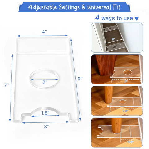 Clear Non Slip Couch Stoppers 2 Pack 9 Inch Universal Furniture Spacers with detailed dimension diagram for adjustments.