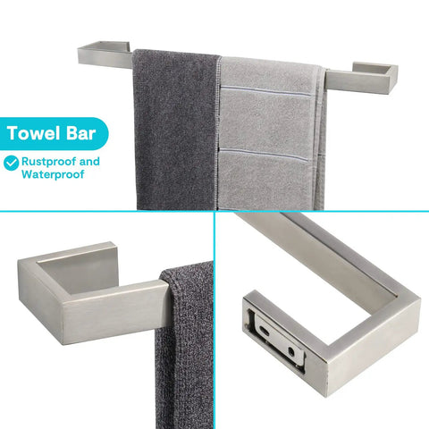 4 Piece Stainless Steel Bathroom Hardware Set With Square Towel Bar Hand Towel Rack Toilet Paper Holder And Robe Hook Wall Mounted Brushed Finish 24 Inch Easy Install Boss Level Modern Home Upgrade showing towel bar detail with towels.