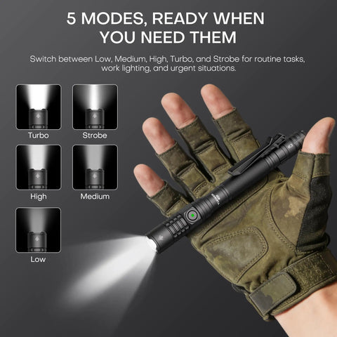 Hand holding Rechargeable EDC Tactical Flashlight With Dual Switch And Turbo Button 1500 Lumen Beast Pen Light