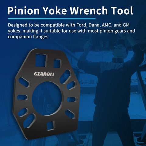 Gearoll pinion yoke wrench tool in black metal with 1/2-in hole for loosening pinion flanges and nuts.
