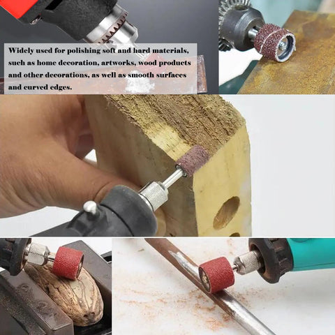 Aluminum Oxide Sanding Drum Kit with 198 Sanding Bands in use on wood and metal, showcasing durability and detail work