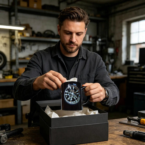 Man unwrapping a Solid Build Ceramic Coffee Mug with car wheel design, a durable sipper ideal for hot or cold drinks.