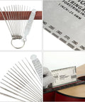 Collage of Pro Grade 17 Piece Guitar Luthier Tools Set with string action ruler and feeler gauges on guitar neck
