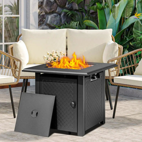 28 Inch Propane Fire Pit Table With 50000 BTU Steel Burner Outdoor Fire Pit For Patio Backyard And Garden Includes Lid And Lava Rocks