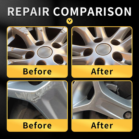 Repair comparison of rims using Wheel Repair Kit With Touch Up Paint For Curb Rash And Scratches In Light Silver, before and after views.