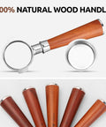 Natural wood handle 58mm bottomless portafilter for Breville espresso makers, showcasing its durable design and filter basket.