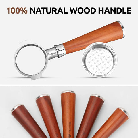 Natural wood handle 58mm bottomless portafilter for Breville espresso makers, showcasing its durable design and filter basket.