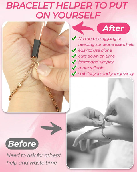 Before and after images using Bracelet Helper Tool Set With Retractable Hooks And Non Slip Clips For Necklace Jewelry And Watch