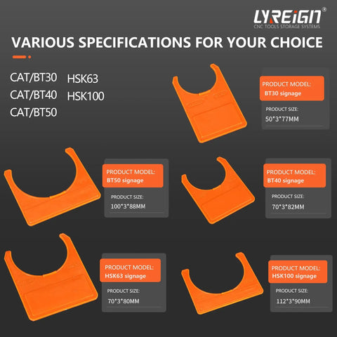 Pro Grade HSK63 CNC Tool Handle Marking Card Built Like A Tank Durable ABS Cutting Tool Chuck Identifier set in orange with various size specifications.