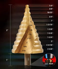 Titanium-Coated HSS Step Drill Bit Set For DIYers, Spiral Groove Design, Twelve Sizes From One Quarter Inch To Two And Three Eighths Inch, Great For Aluminum Metal Wood Plastic, Durable Titanium Finish Delivers Fast Holes And Long Lasting Performance.