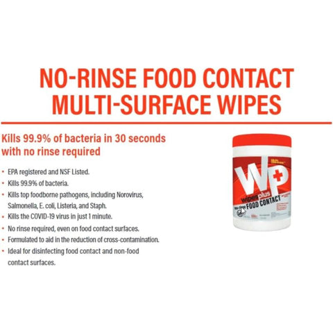All Purpose Food Contact Cleaning Wipes No Rinse No Residue Quick Dry Grime Busting Disinfecting Wipes For Restaurants Foodservice And Schools 100 Count Canister Pack Of 12 EPA Registered NSF Listed Kills 99.9 Percent Bacteria shown on packaging