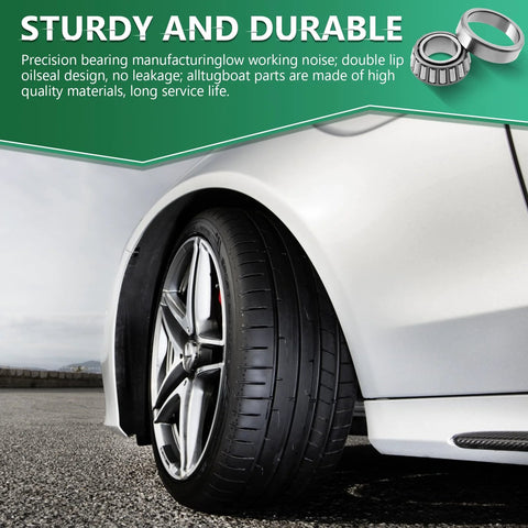 Close-up of car tire on road with Front Wheel Bearing Seal Kit For GM Cars 1982 To 1992. Image shows durability concept.