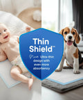 No Fuss And No Sweat 300 Pack Disposable Underpads And Chux Pee Pads Measuring 17X24 Inches with baby and dog on pads.