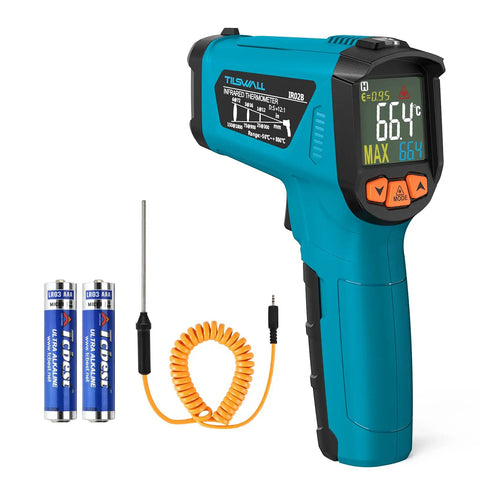 Non Contact Infrared Thermometer Gun With 12 To 1 Distance To Spot, Wide Range From Minus 58F To 1472F, Adjustable Emissivity, Digital Laser Thermometer With Probe, High Low Temperature Alarm, Ideal For Cooking BBQ Freezer Not For Humans shown with batteries and probe