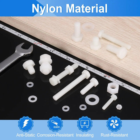 Hella Tough M8 x 30mm Nylon Hex Bolt And Nut Kit With Flat Washers For Machinery And Electronics Projects showing white nylon fasteners and washers.