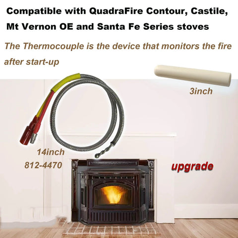 Replacement thermocouple kit with 14in braided cable and 3in ceramic tube for QuadraFire Castile/Contour stoves
