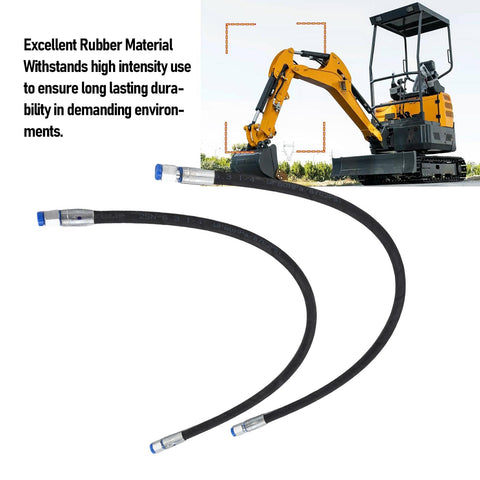 2 Pack Excavator Diverter Valve Hoses with Quick Connects next to a mini excavator in a field