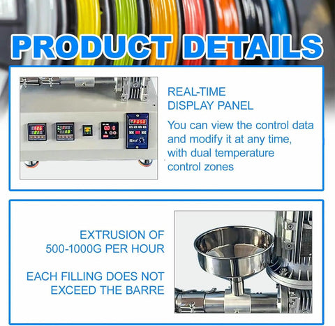 Real-time display panel of the Compact 1000W Desktop 3D Printer Filament Maker Single Screw Extruder showing control data.