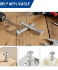 600 Piece 304 Stainless Steel Wood Screws Set With 18 Sizes Self Tapping Phillips Pan Head For Wood And Sheet Metal Sizes Four Through Twelve Lengths From Three Eighths Inch To One And A Half Inches Silver shown with various tools and materials