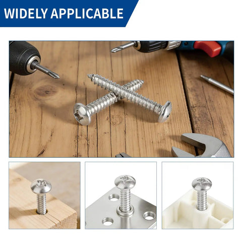 600 Piece 304 Stainless Steel Wood Screws Set With 18 Sizes Self Tapping Phillips Pan Head For Wood And Sheet Metal Sizes Four Through Twelve Lengths From Three Eighths Inch To One And A Half Inches Silver shown with various tools and materials
