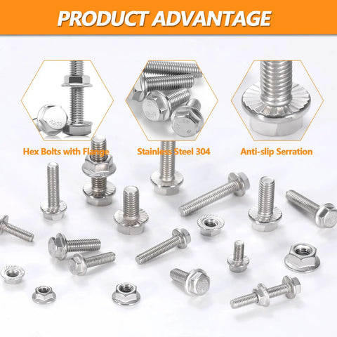 Assortment Of M6 Machine Screws In 16 20 25 30 40 Millimeter With Flange Hex Heads Premium 304 Stainless Steel Vibration Resistant For Tight Durable Fastening In Metal Or Wood Projects, hex bolts and nuts