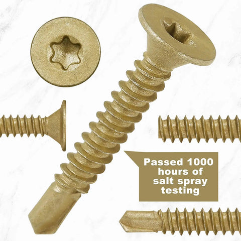 Close-up of Beefy Bronze Wood To Metal Self Drilling Screws 10 16 Size One And A Quarter Inch Length with Torx Drive T25, 2 lb pack