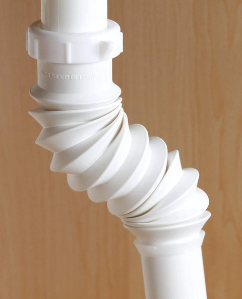 Flex N Fix Bathroom Sink Extension Tube 1-1/4 Inch Inlet And Outlet, 6 To 9 Inch Adjustable Length, white polypropylene, flexed view