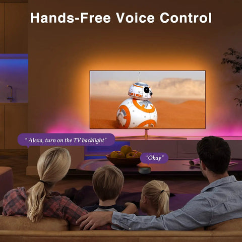 Family watching TV with Smart TV LED Backlight Strip 9.2Ft RGB Mood Lighting With WiFi App Control Works With Alexa