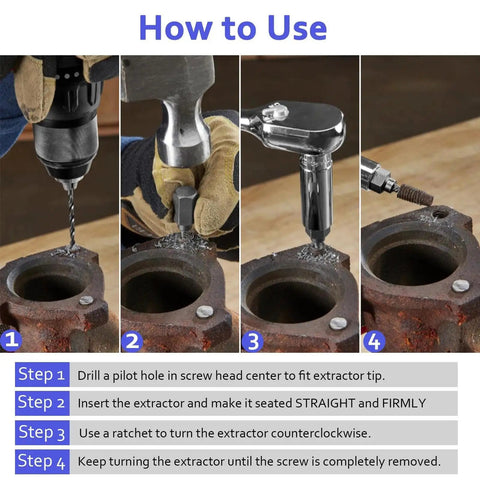 Step-by-step use of 25 Piece Screw Extractor And Bolt Remover Set For Removing Broken Stripped And Frozen Screws And Bolts