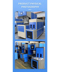 High Efficiency Plastic Bottle Making Machine For Beverage And Household Liquid Containers Featuring Fast Mold Change and No Sweat Stable Production Setup. Blue and gray machinery with control panels.