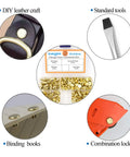 Heavy Duty Golden Chicago Screw Rivets Assortment Kit For Leather Craft And Bookbinding displayed with leather tools and binding examples.