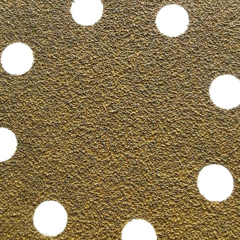 Huge 150 Pack Of 5 Inch Hook And Loop Sanding Discs With 40 To 800 Grit Range Made From Durable Aluminum Oxide, showing grit texture and holes for dust extraction.