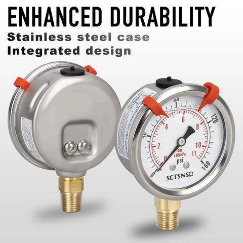 Glycerin Filled 0 To 160 Psi Pressure Gauge With 2.5 Inch Dial And 1/4 NPT Lower Mount Stainless Steel Case for air compressors