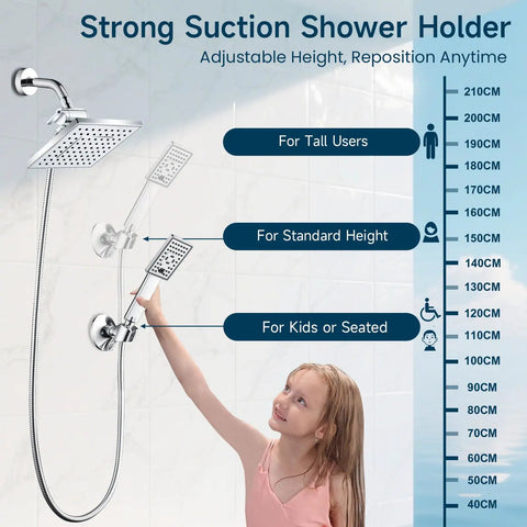 Child adjusting Handheld Shower Head Holder With Dual Angle Positions And Strong Wall Suction Bracket Includes Adhesive 3M Disc No Tools Required Easy Install Chrome Finish in bathroom