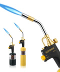 Go-To Heavy Duty Propane Torch Kit With Trigger Start Igniter, MAPP And Propane Compatible, showing blue flame and gas fuel connections