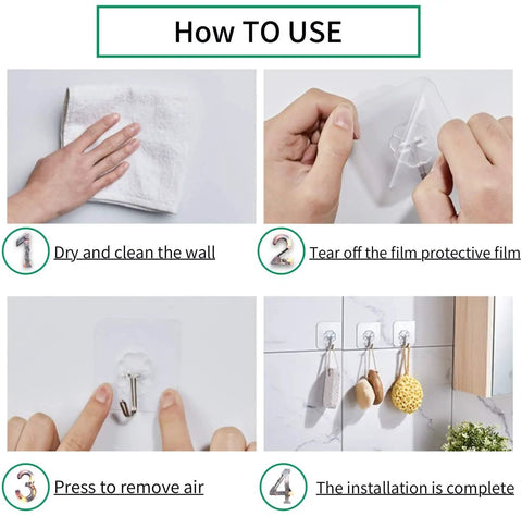 Installation steps of Heavy Duty Adhesive Wall Hooks 44 Lb Max Waterproof Oilproof Seamless Hangers for Bathroom and Kitchen.