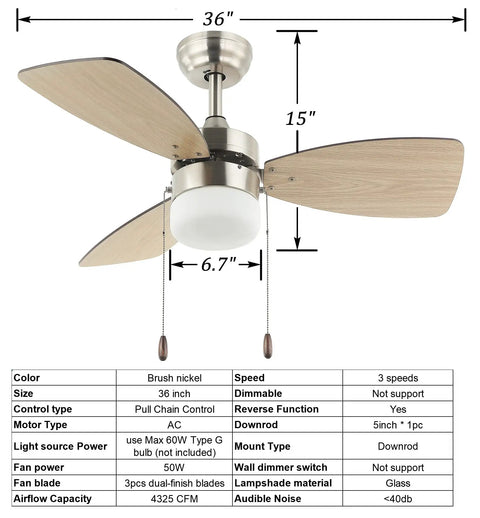 36 Inch Brushed Nickel Ceiling Fan With Light Kit And Pull Chain Control For Small Rooms, Quiet ETL Certified With Reversible Motor And 3 Reversible Blades, Ideal For Kitchen, Bedroom, Office, Bathroom, Hallway Or Living Space